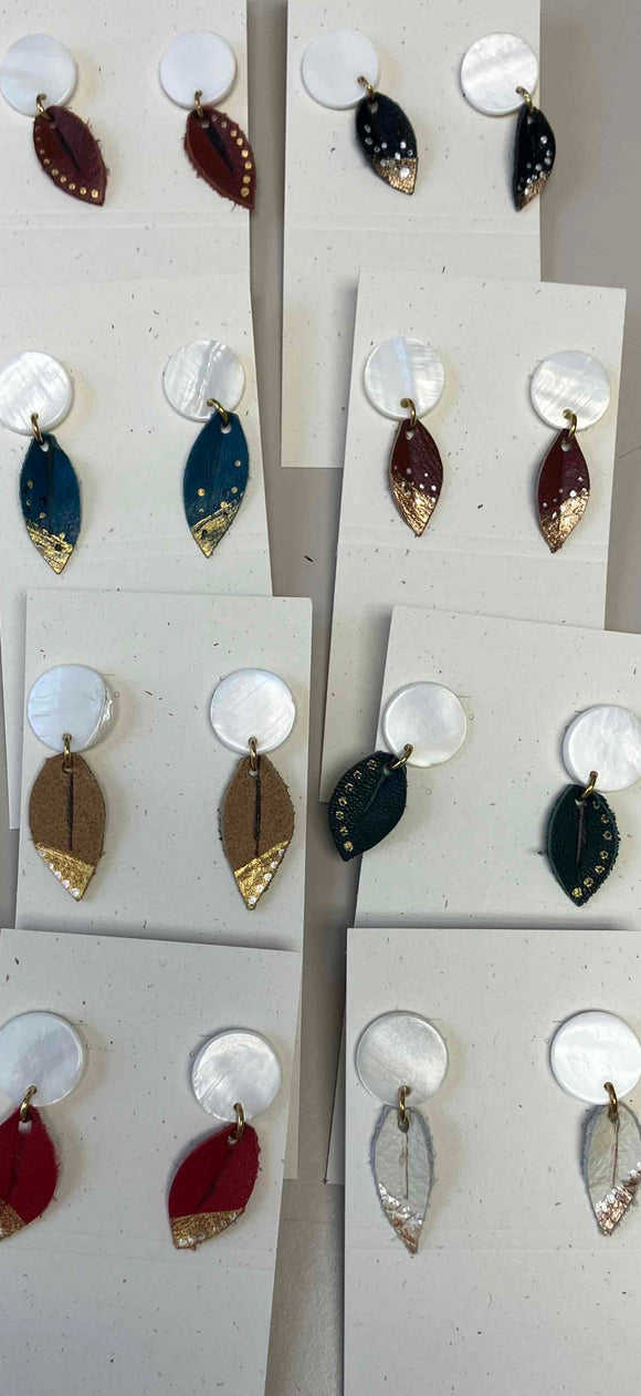 Earrings: Shell, Leather Leaf