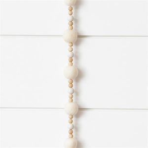 Garland: White Felt Balls w/ Nautral Wooden Beads