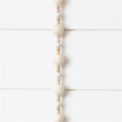Garland: White Felt Balls w/ Nautral Wooden Beads
