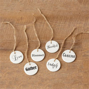 Ornament: 2" Cream Ceramic w/ Jute Hanger and Inspirational Words