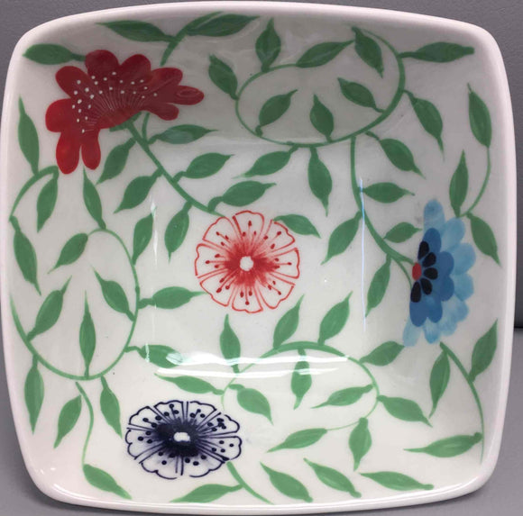Bowl: Ceramic Square, Blue & Red Flowers